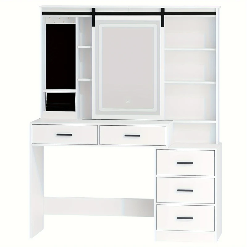 Kaptafel – Make-up Tafel – Vanity – Opmaktafel – Cosmeticatafel – Verstelbare LED Verlichting – Afneembare Grote Spiegel – Sieradenopslag – 5 Lades – Open Plank – Modern Wit – 120x40x150 cm