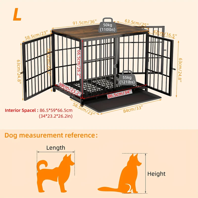 Hondenkennel – Hondenmand – Hondenkooi – Hondenhok – Hondenbench – Houten Meubelstijl – Drie Deuren – Afneembare Lade – Zwart – Maat L
