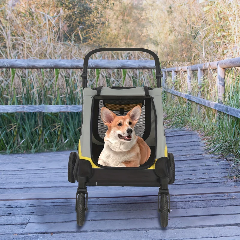 Pet Travel Stroller: Dog Stroller Pet Jogger Wagon Travel One-key Folding with 4 Heavy Wheels, Adjustable Handle for Small Dogs and Cats, Rear Brake, Security Leash