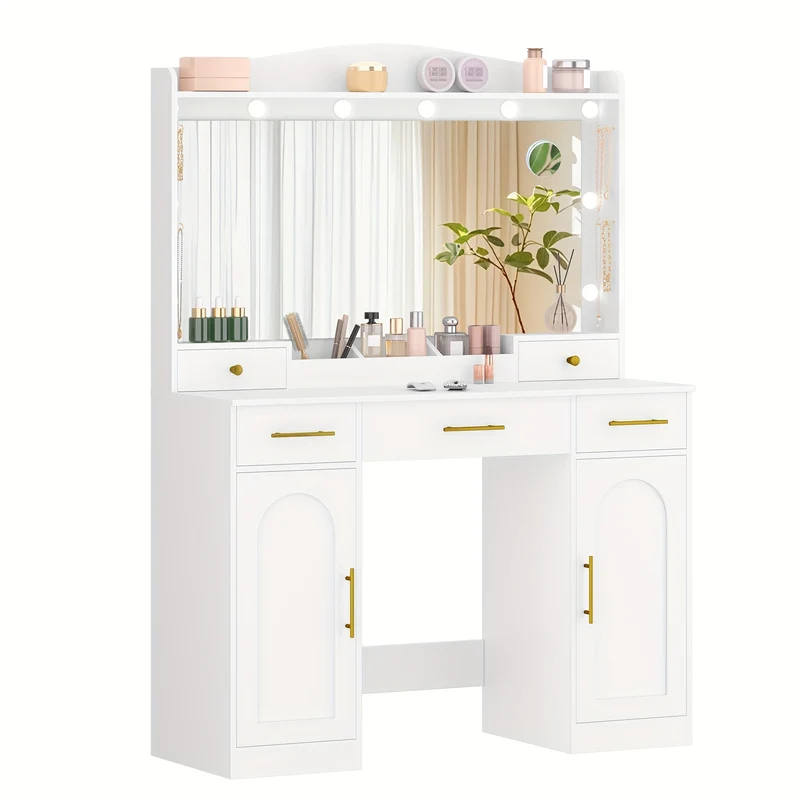 Dressing Table With HD Large Mirror, 3 Color Adjustable LED Lights, 5 Drawers And 2 Storage Cabinets, Open Storage, Bedroom, 40 X 108 X 149 Cm, White