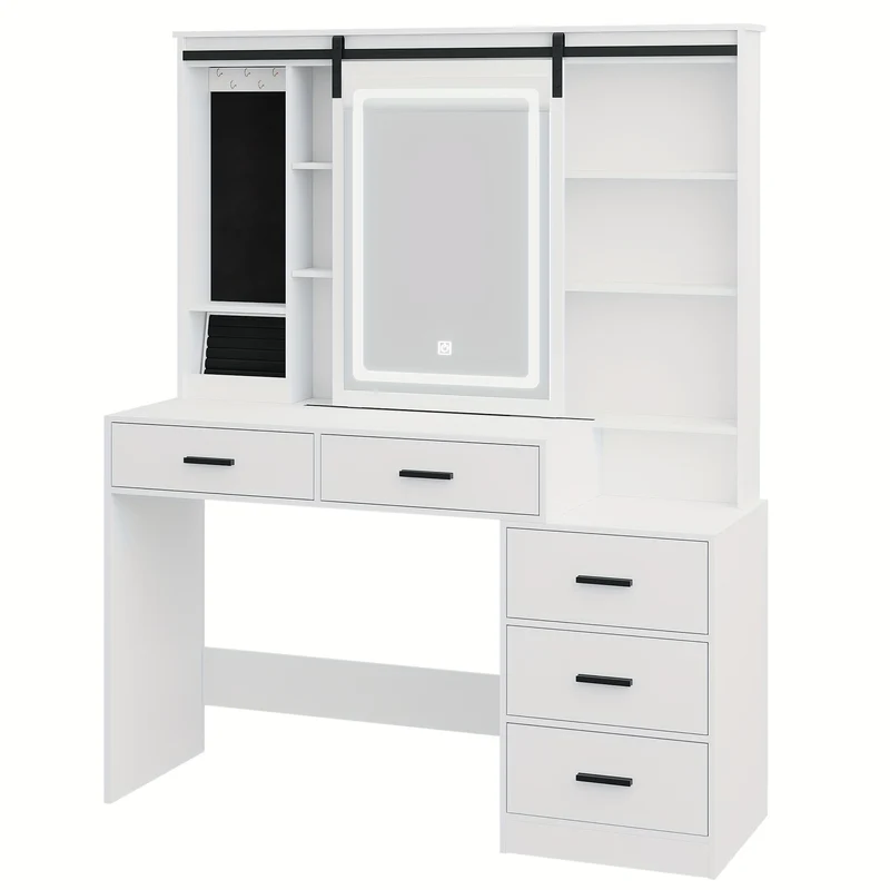 Dressing Table with Adjustable LED Lighting, Removable Large Mirror, with Jewelry Storage, Open Shelves, 5 Drawers, with Side Table, for Bedroom, White