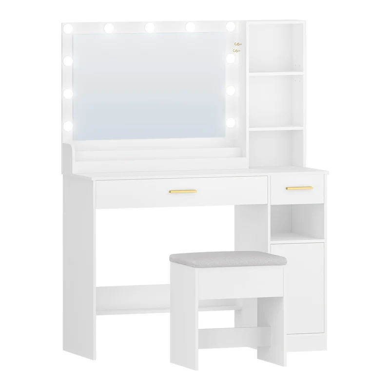 Modern White Vanity Table with Stool - Large Mirror, 2 Drawers & Open Compartments, Cupboard, 68.58cm Height, 3, 2 Cu Ft Storage, European Plug, Wood & Cork Construction for Bedroom & Dressing Room, Vanity Desk, Dressing Room