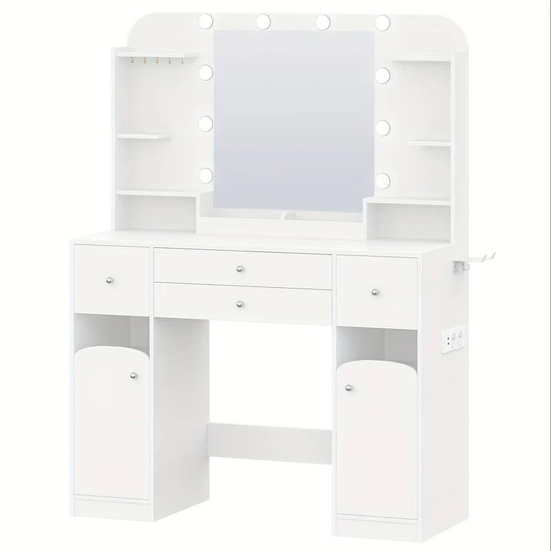Dressing Table With LED Lighting, With Plug And Hairdryer Holder, Large Tabletop 108 Cm, Dressing Table With 2 Large Drawers With Jewelry Tray, 2 Cabinets, 40 X 108 X 144 Cm, White