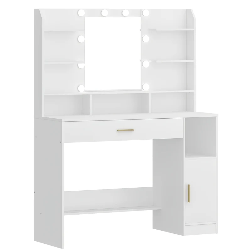 Dressing Table, Large Table Top With Mirror, Adjustable Brightness, With Drawers And Storage Cabinets, Open Shelves, For Bedroom, Wardrobe, White