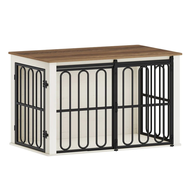 Sturdy Wooden Dog Crate Furniture with Sliding Doors - Dual-Purpose Pet Cage & Side Table, Spacious Interior for Medium Dogs up to 100cm, Modern Home Decor in White & Brown - Ideal for Living Room, Bedroom, Office - Easy-Clea