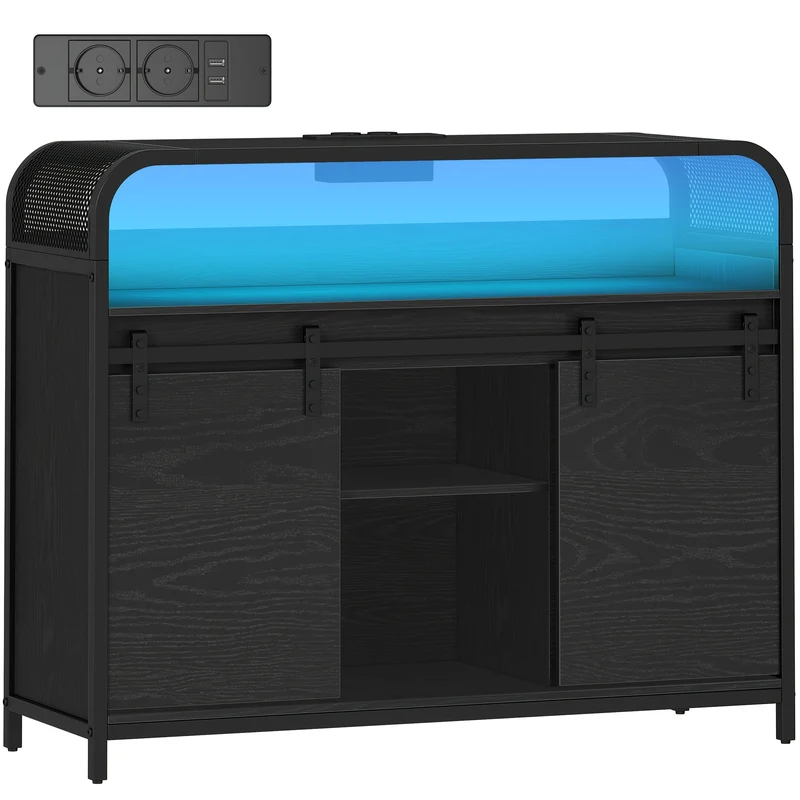Sideboard with LED Lighting, Kitchen Cabinet with Power Strip, Storage Cabinet with 2 Sliding Doors, Adjustable Dividers, Kitchen, Dining Room, 35 X 100 X 80cm, Kitchen Sideboard Cabinet, Pantry Cabinet for Kitchen, Cupboard
