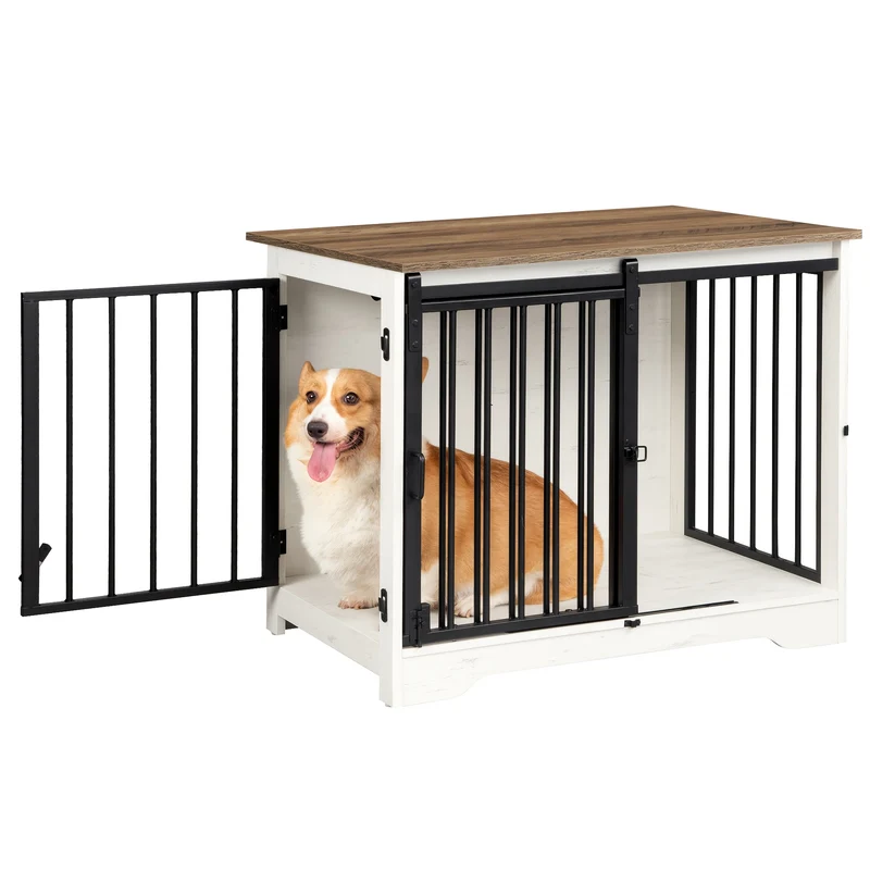 Hondenbench – Hondenkooi – Hondenhok – Hondenbox – Hondenhuis – Houten Bench Met 2 Deuren – Vintage Bruin – Stevig Meubel Voor Honden Tot 100 kg – 55x81x67,2 cm