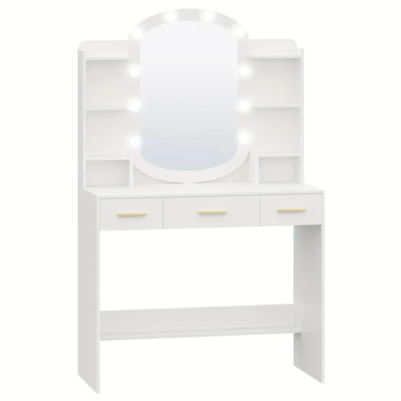 Dressing Table with Oval Mirror, Drawers and Open Compartments for Bedroom & Dresser Room, 40 × 90 x 144cm White, Dressing Room Decor, Bedroom Furniture, Elegant Dressing Table, Sleek Design, Sturdy Build, Softwood Construct