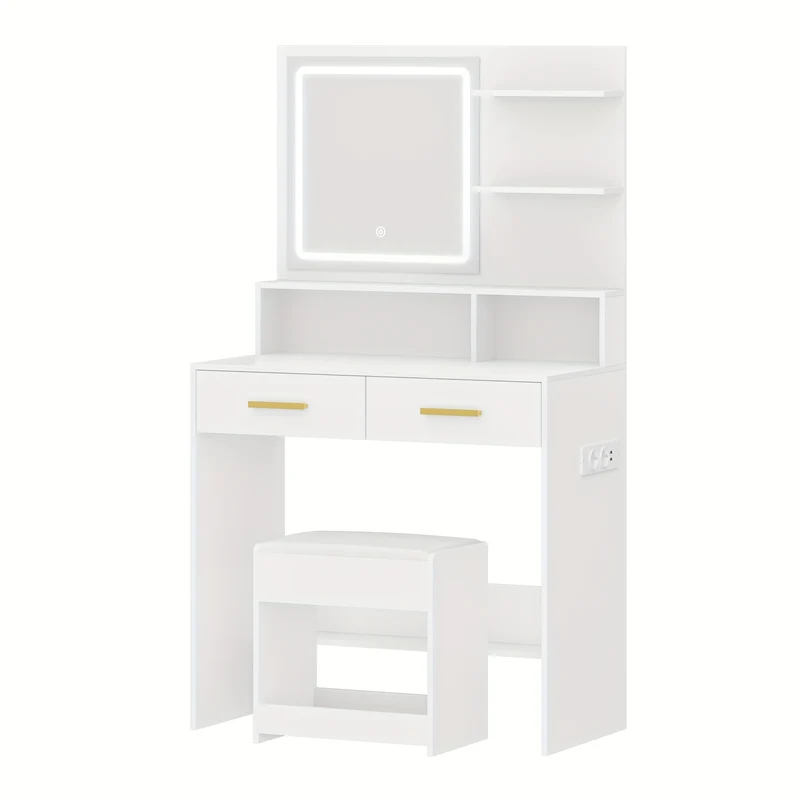 Dressing Table With Adjustable LED Lights, Rechargeable AC Socket And USB Port, Vanity Makeup With Soft Dressing Stool, 2 Drawers, Open Organisers, For Bedroom, Cloakroom, White