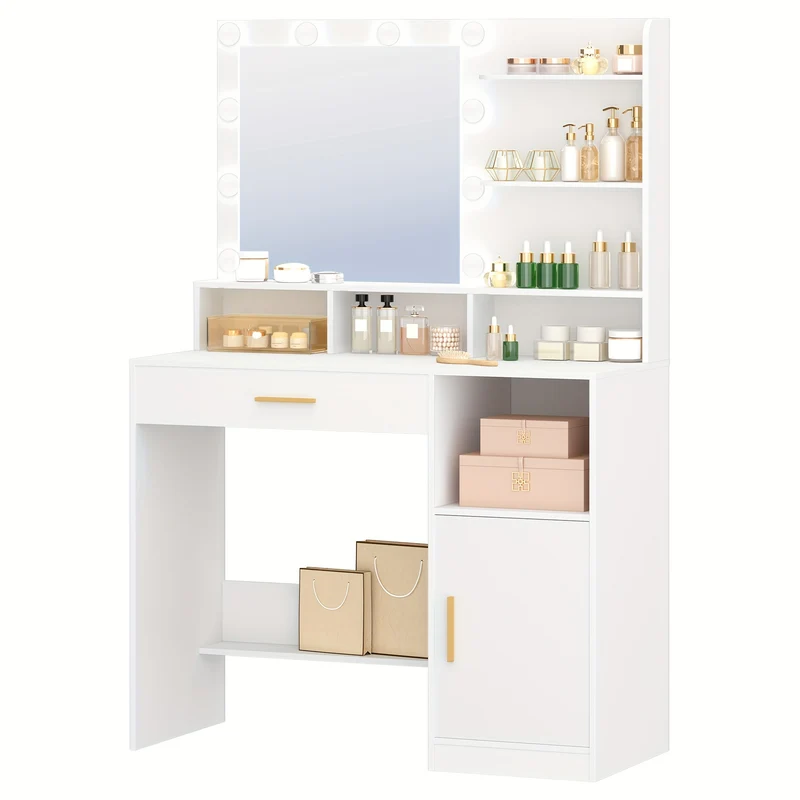 Dressing Table With Mirror And 10 LED Lights, Dressing Table With 3 Shelves And 4 Open Compartments, Dressing Table With Large Drawer And Cabinet, 3 Adjustable Lighting Levels, DT41303XEU
