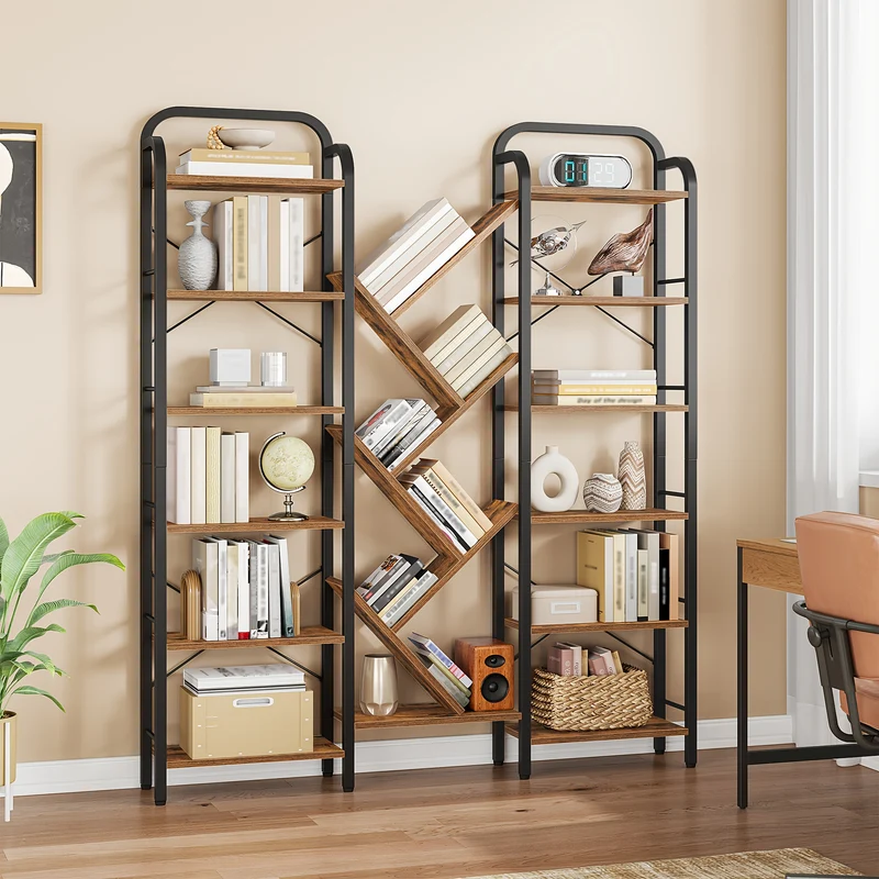 6-Tier 18-Compartment Tree-Shaped Bookshelf - Adjustable Open Shelves, Vintage Brown-Black Finish, 24x152x198, 5cm, Freestanding Floor Shelf for Study & Living Room, Durable Wood & Cork Construction, Easy Assembly, No Power N