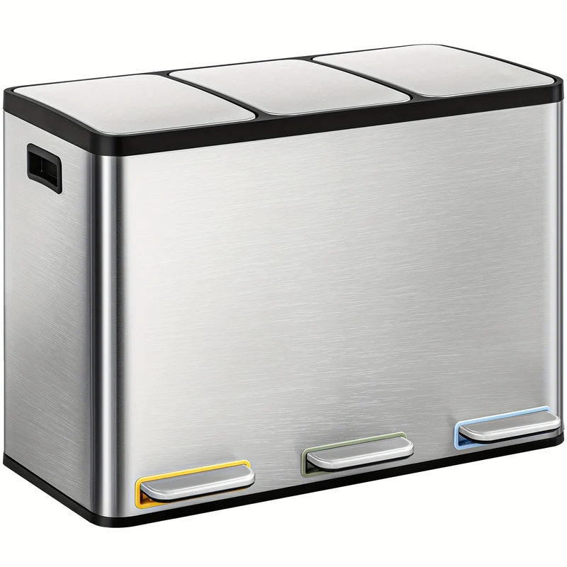 Kitchen Trash Can, Waste Separation System 3 Compartments 45L (3 X 15L), Stainless Steel Kitchen Trash Can, Pedal Bin with Color-coded Pedals, Waste Bin Quiet Slow Descent, Silvery