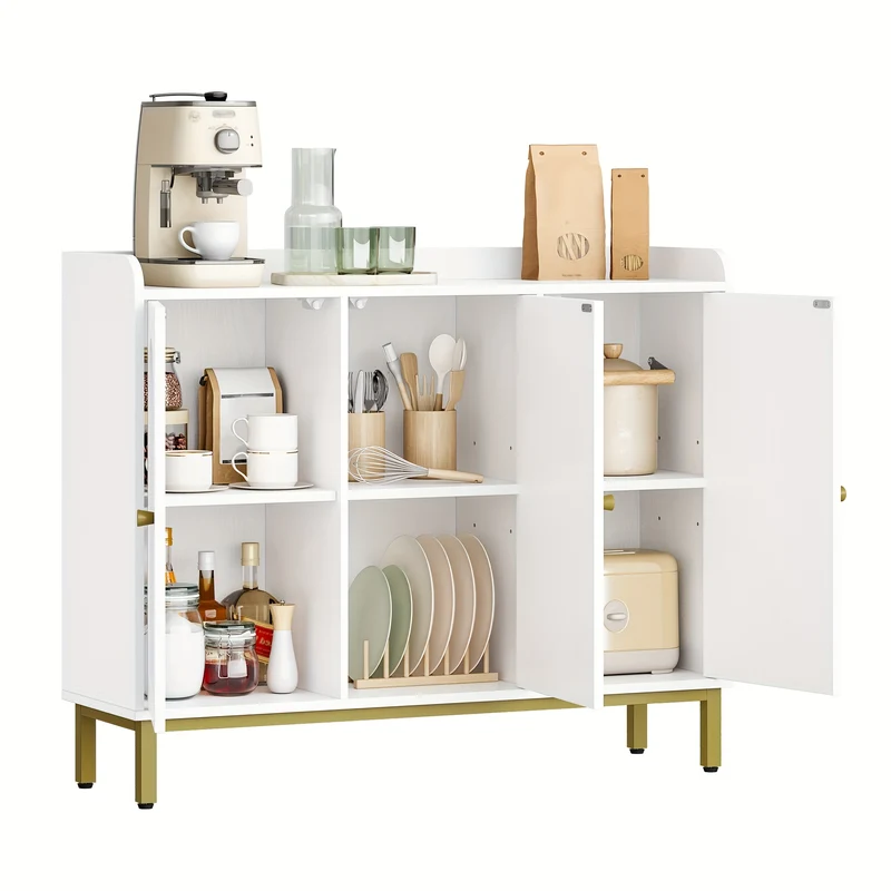 Sideboard – Opbergkast – Dressoir – Keukenkast – Woonkamerkast – Witte Sideboard Met 3 Gebogen Deuren – Verstelbare Planken En Gouden Handgrepen – 30x100x80,5 cm FSC MDF