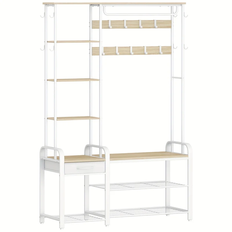 Coat Rack with Bench, Wardrobe with 3-tier Shoe Bench And 1 Drawer, 5-in-1 Clothes Rack with 17 Hooks, 1 Hanging Rod, 4-tier Side Shelves, Golden Oak-white, Coat And Hat Rack, Clothes Hanging Rack, Clothes Rack with Mirror, C
