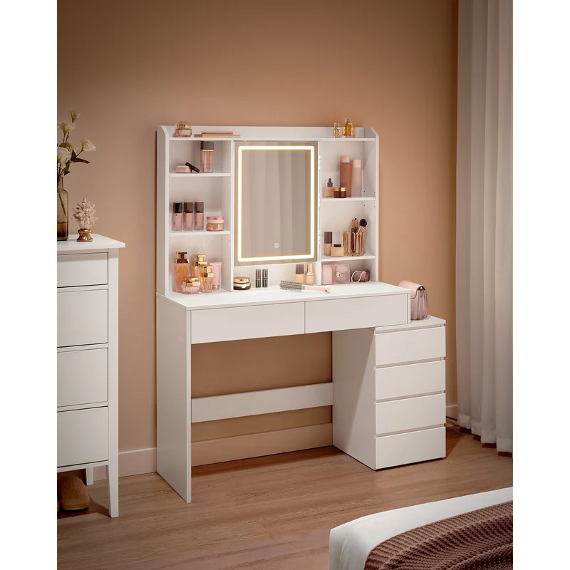 Kaptafel – Make-up Tafel – Cosmeticatafel – Opmaaktafel – Vanity – Met LED Verlichting – Verstelbare Schappen – 40x117,5x145 cm – Cloud White