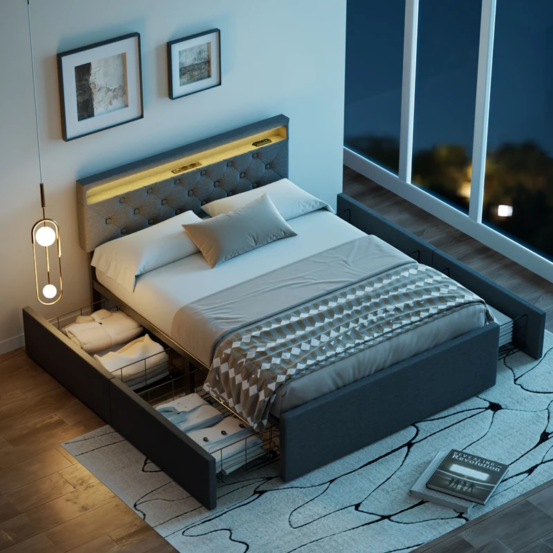 Tweepersoonsbed – Bed Met Opbergruimte – Gestoffeerd Bed – Bedframe – Opbergbed – Multifunctioneel Gestoffeerd Bed – 137×190 cm – LED Sfeerlicht & Ingebouwde Speakers