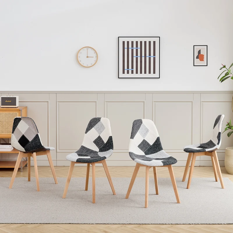 Eetkamerstoel – Stoel – Kuipstoel – Eetkamerstoelen – Keukenstoel – Scandinavisch Design – Ergonomisch – Beukenhouten Poten – Linnen Bekleding – Sponsvulling – Zwart-Wit Geruit