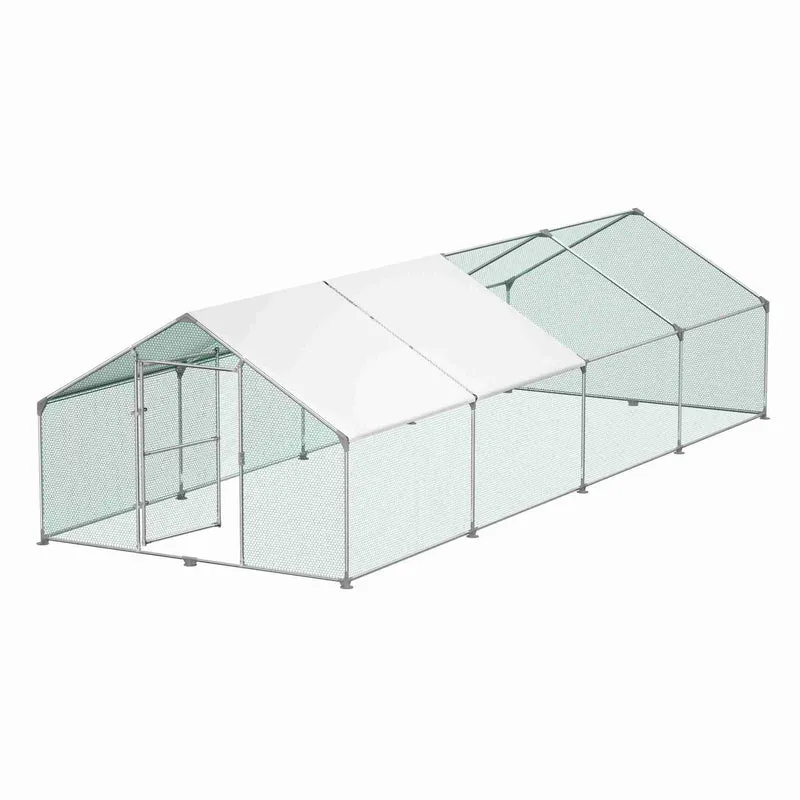 Kippenren – Kippenhok – Buitenren – Pluimveebench – Dierenverblijf – 3x8x2 Meter – Verzinkt Stalen Frame – Inclusief Schaduwdoek & Deur Met Slot