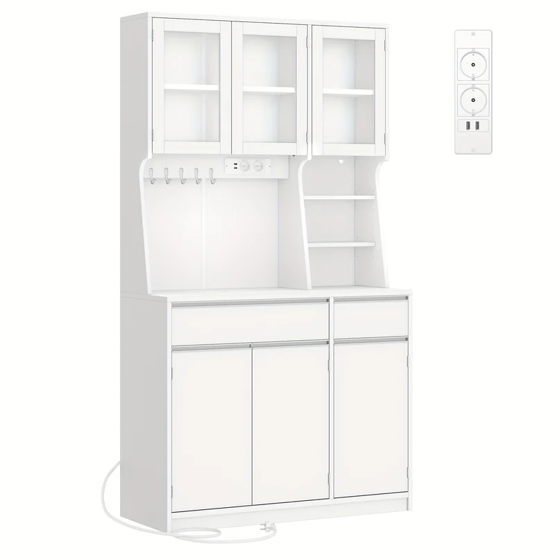 Keukenkast – Keukenbuffet – Keukenkastje – Opbergkast – Witte Keukenkast – Led-verlichting – Ingebouwde Stopcontacten – Verstelbare Planken – 100x40x180 cm – Hardhouten Constructie
