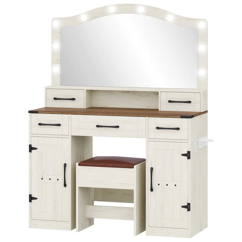 Kaptafel – Make-uptafel – Beautytafel – Schoonheidstafel – Toiletmeubel – Rustiek Bruin-Wit – Led-Verlichting Met 3 Lichtstanden – 5 Lades + 2 Kastdeuren Met Haardrogerhouder