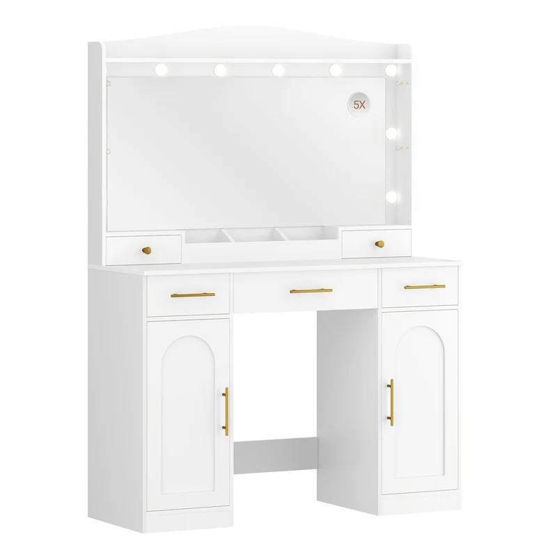Kaptafel – Make-up Tafel – Dressing Table – Cosmeticatafel – Vanity Set – Grote Spiegel – Verstelbare LED Verlichting – 5 Laden & 2 Kastjes – Wit – 40x108x149 cm