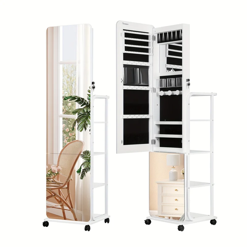 Sieradencollectiekast – Sieradenkast – Spiegelkast – Juwelenkast – Hangkast – Extra brede spiegel – Veilig slot – 4-laags opbergruimte – Mobiel met 4 wielen – Wit MDF met fluwelen voering