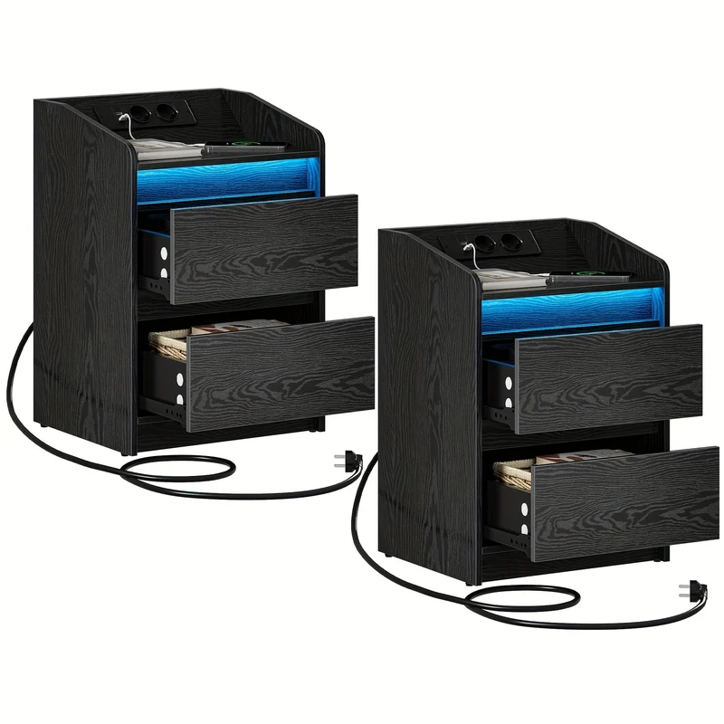 Nachtkastjes Set van 2 – Bedkastje – Bijzettafel – Opbergkastje – Nachtkast – 2 Lades – MDF Mat Zwart – Compact 40x35x58 cm