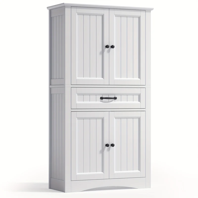 Opbergkast – Voorraadkast – Kastje – Dressoir – Bergkast – Modern – 4 Deuren Met Lade – Verstelbare Planken – Anti-Kiep Veilig – Wit Hout Kunstbord