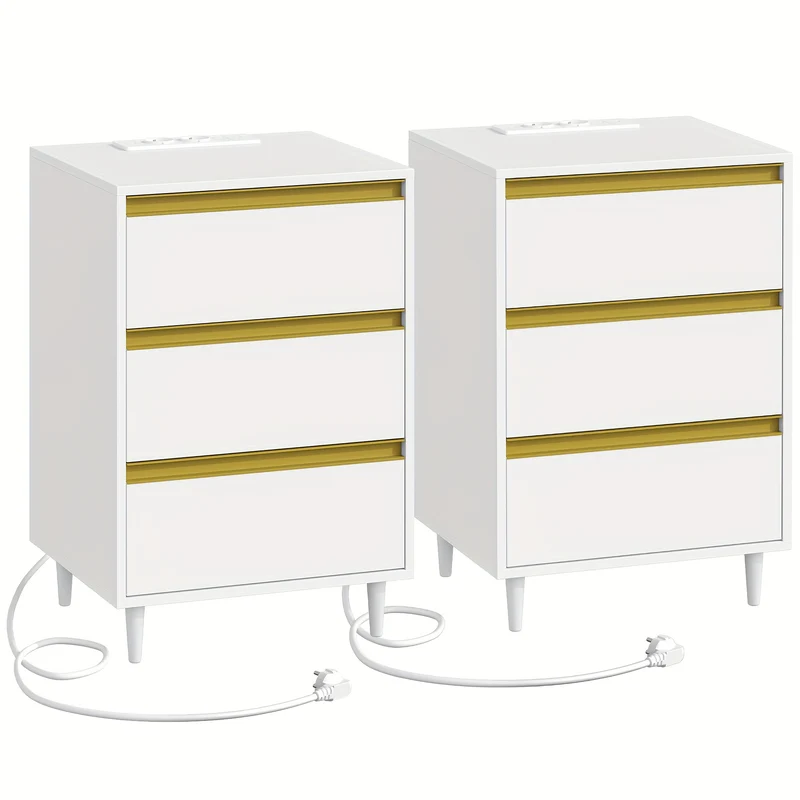 Nachtkastje – Bijzettafel – Opbergkastje – Nachtkast – Wandkast – Set Van 2 – 3 Lades – Verwijderbare Pootjes – Wit