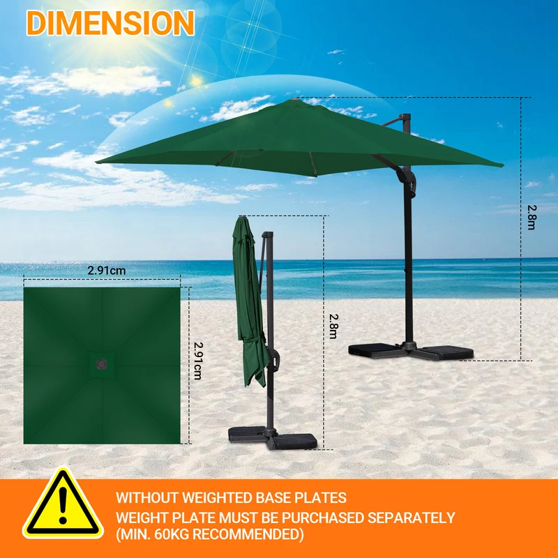 Parasol – Terrasparasol – Zonnescherm – Marktparasol – Tuinparasol – Groen – 330 cm Vierkant – Aluminium Frame – Kantelbaar & 360° Draaibaar