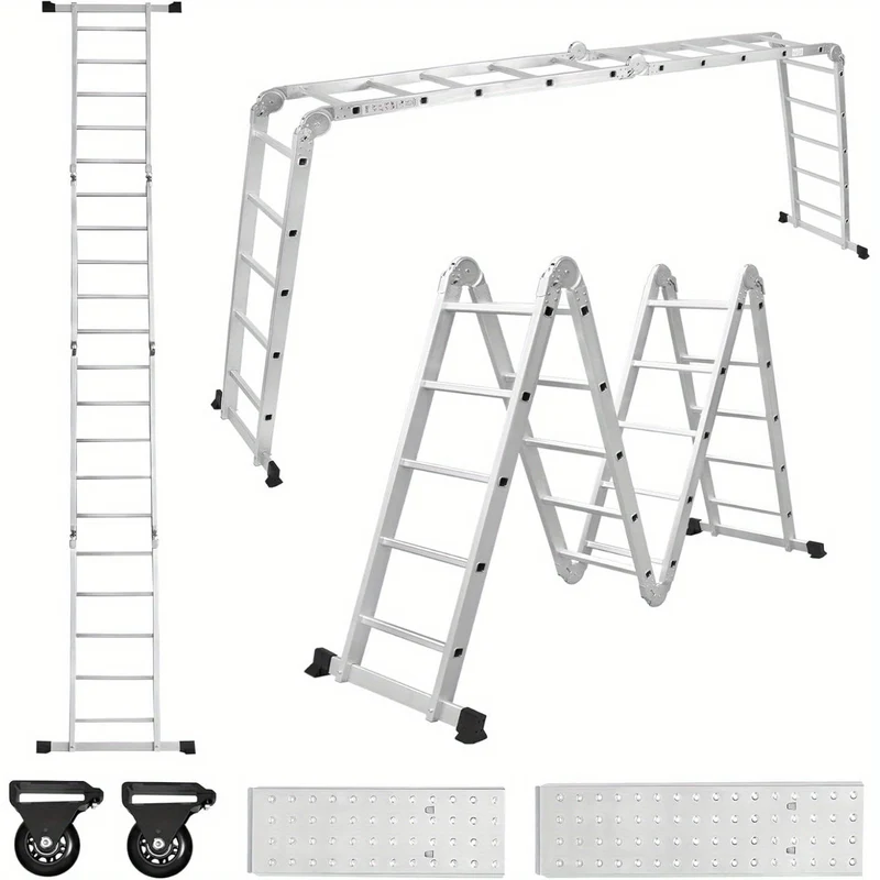 Multifunctionele Ladder – Aluminium Ladder – Vouwladder – Steigerladder – Werkplatform Ladder – 580cm 4x5 Sprossen – Lichtgewicht & Met 2 Afneembare Werkplatforms en Wielen