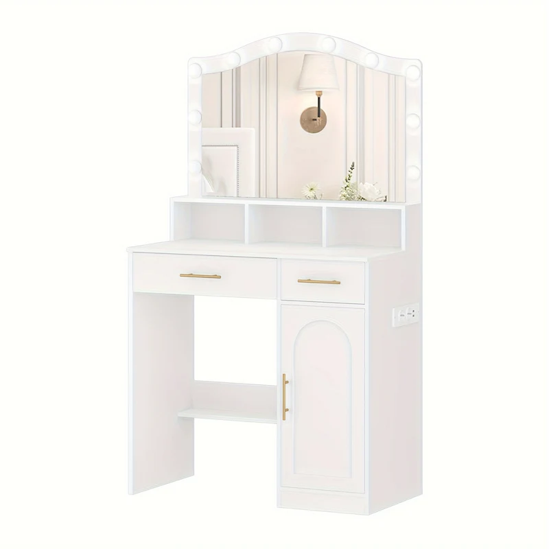 Kaptafel – Make-up Tafel – Beauty Tafel – Schminktisch – Toilettafel – Wit Met Gouden Accenten – Verstelbare 3-Kleurige LED-Verlichting – Oplaadstation Met 2 Lades En Kastje