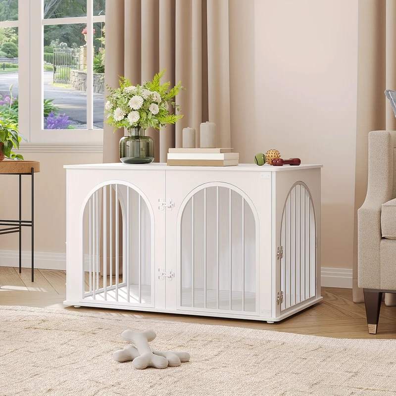 Hondenbench – Hondenkooi – Huisdiervangkooi – Hondenkennel – Hondenschuur – Middelgrote Honden – Wit – 3-Deurs Boogvormige Deur – Stevig Metalen Frame – Multifunctioneel Meubelstuk – 60x100x63 cm