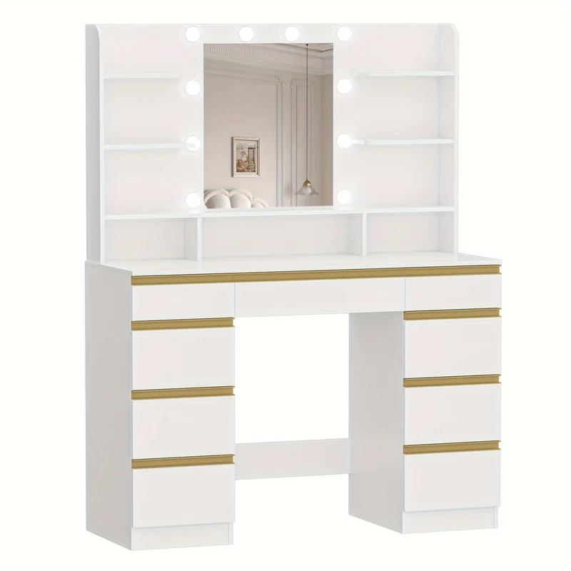 Make-up Tafel – Kaptafel – Visagie Tafel – Makeup Bureau – Dressing Table – Wit met Gouden Accenten – 10 LED-lichtbollen met Instelbare Kleur en Helderheid – Groot HD Spiegeloppervlak