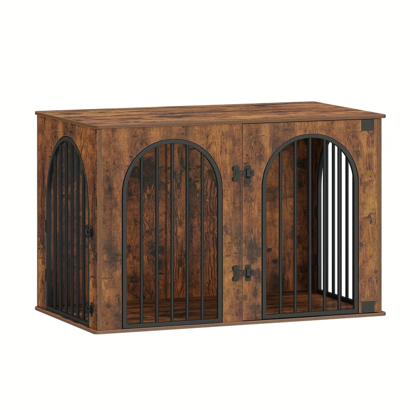 Hondenbench – Hondenkooi – Hondenbox – Hondenhuis – Hondenrek – Vintage Bruin – 3 Deuren Met Boogvormige Deur – Stevig Spaanplaat Met Metaal 108x64x76 cm