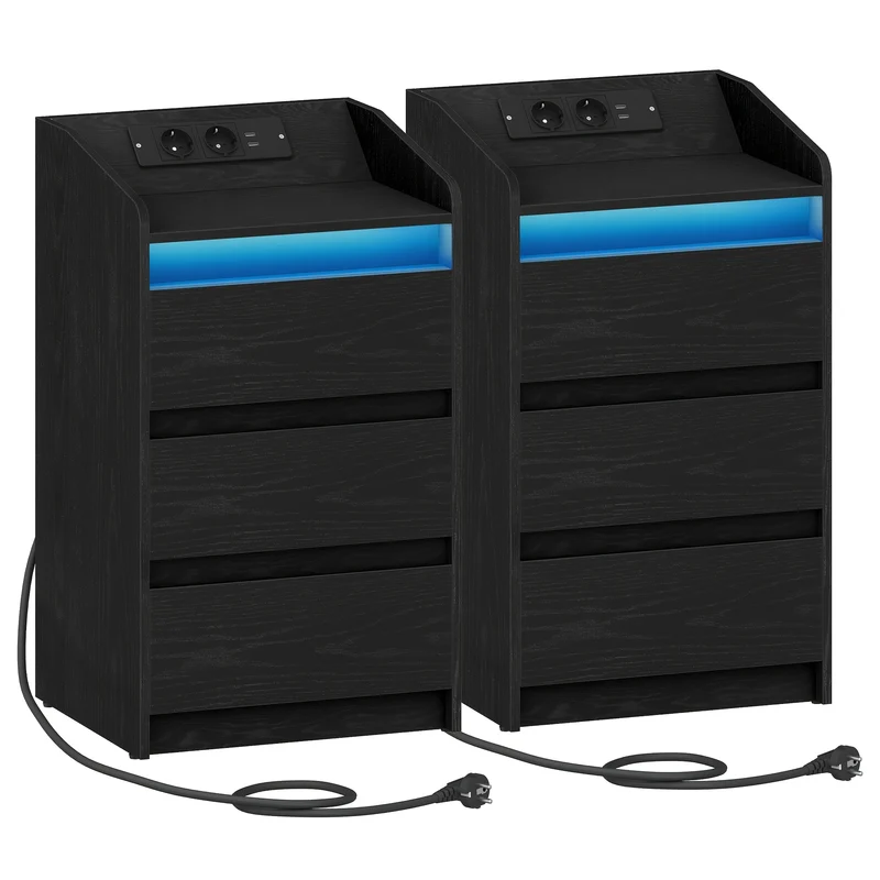 Nachtkastjes – Bedside Table – Bijzettafeltje – Nachtkastje – Ladeblok – Set Van 2 Met Oplaadstation – 2 AC Stopcontacten En 2 USB Poorten – Verstelbare LED Verlichting – Zwart