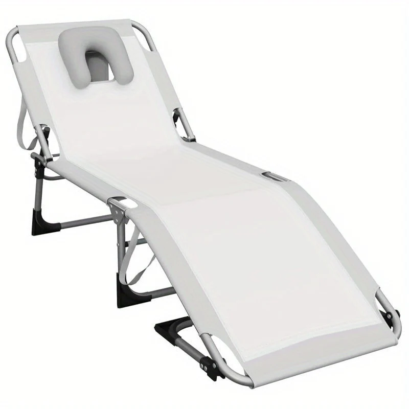 Ligstoel – Relaxstoel – Tuinstoel – Inklapbare Stoel – Ligbed – Stevig Kunststof Frame – Handmatig Verstelbare Rugleuning – Compact Opvouwbaar – Comfortabel Hoofdkussen – Lichtgrijs