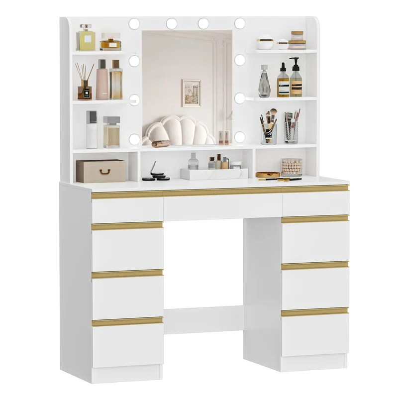 Make-up Tafel – Kaptafel – Visagie Tafel – Beauty Tafel – Dressing Table – LED Verlichting 10 Lampen – Grote HD Spiegel & 9 Opbergvakken – Wit Gouden Afwerking