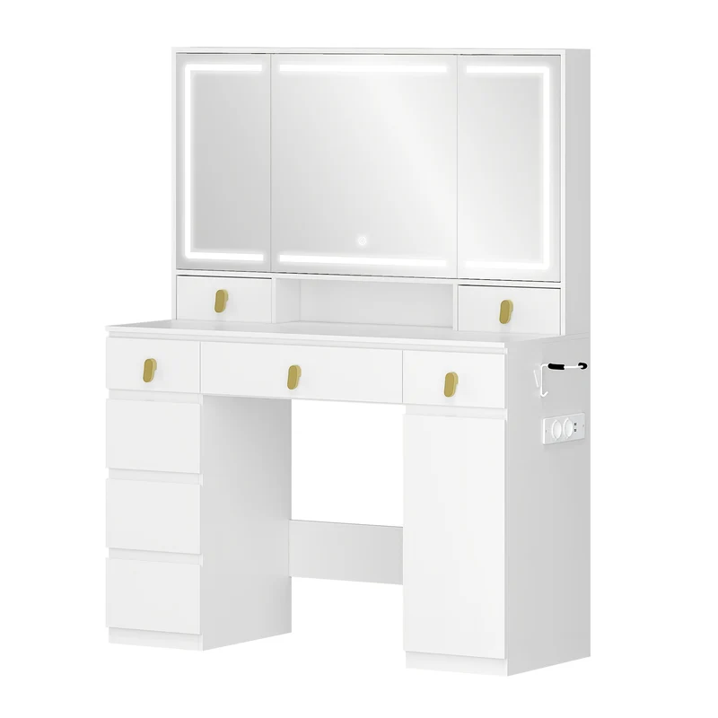 Make-up Tafel – Kaptafel – Beauty Tafel – Schminktafel – Dressing Table – Wit – Grote Spiegel met LED-Verlichting – 8 Lades en Stopcontacten