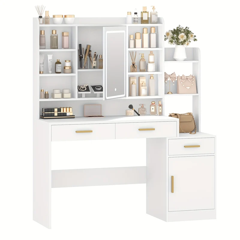 Kaptafel – Make-up Tafel – Cosmeticatafel – Vanity Tafel – Opmaaktafel – Met Spiegel en LED-Verlichting – Ruim Opbergmeubel 130x40x149 cm – MDF en Spaanplaat