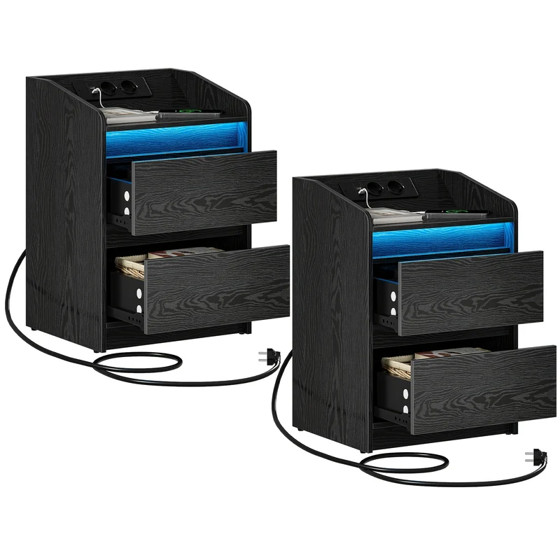 Nachtkastje – Bijzettafel – Opbergkastje – Nachtkast – Nachtkastjes – Set Van 2 Met LED-verlichting – Oplaadstation Met USB En Stopcontact – Zwart – 35x40x58 cm – Spaanplaat