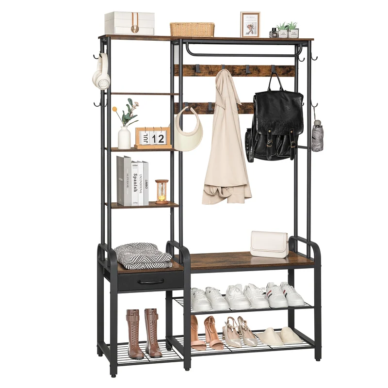 Kapstok – Schoenenrek – Garderobe – Kledinghanger – Schoenenbank – 5-in-1 Multifunctioneel – Stevig Metalen Frame – 182 cm Hoog