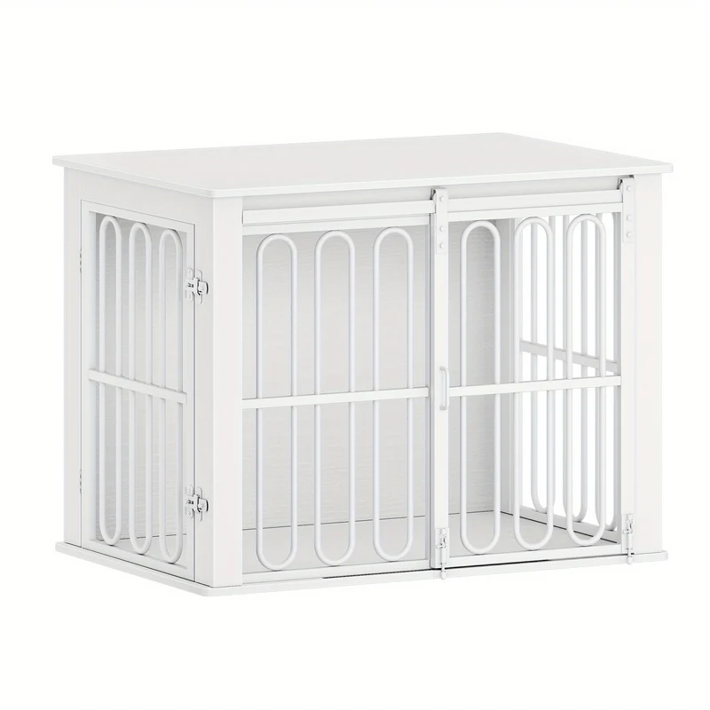 Hondenbench – Hondenkooi – Hondenhok – Hondenrek – Huisdier Bench – Met Zijtafel – Dubbele Deuren – Geschikt Voor Kleine en Middelgrote Honden – Wit Met Houtlook – Stevig Metaal en Waterbestendig Spaanplaat