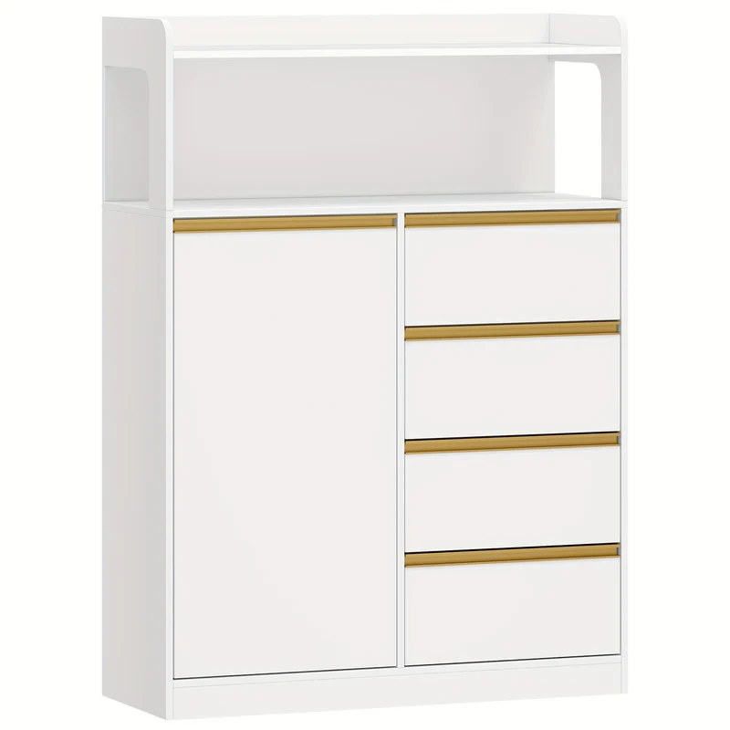 Badkamerkast – Badkamermeubel – Opbergkast – Kolomkast – Wastafelonderkast – 4 Laden & Open Vak – Verstelbare Planken – Wit 110x80x30 cm – Stevig Spaanplaat – Anti-Kantel Veiligheid