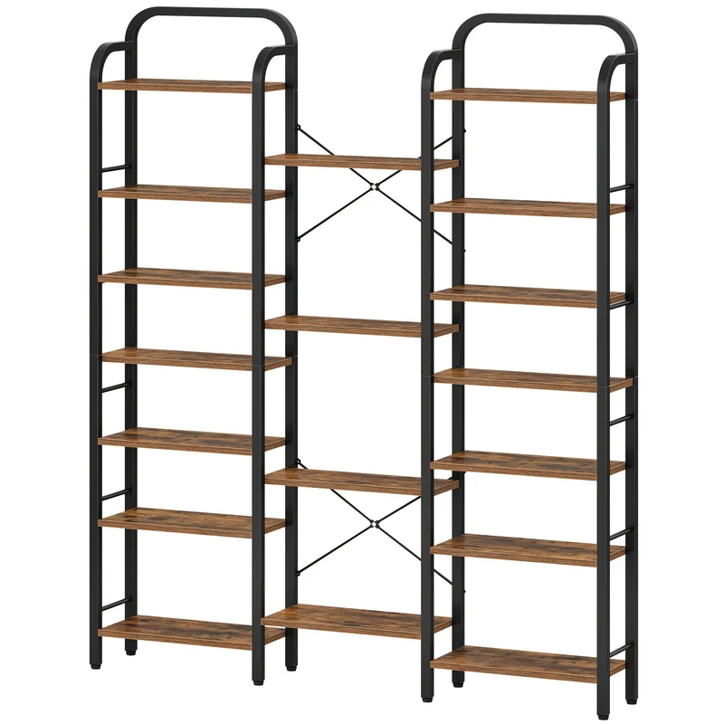 Boekenplank – Boekenrek – Wandplank – Boekenkast – Boekenkast – 6-Laags Met 18 Vakken – Vintage Bruin Zwart Hout – Vrijstaand Stalen Frame – 24x152x198,5 cm – Geen Montage