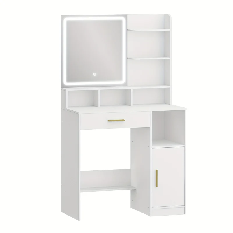 Kaptafel – Make-up Tafel – Opmmaaktafel – Vanity – Cosmetictafel – Met Spiegel en LED-verlichting – 3 Lade & 4 Vakken – 3 Lichtstanden – Wit 80x40x140 cm