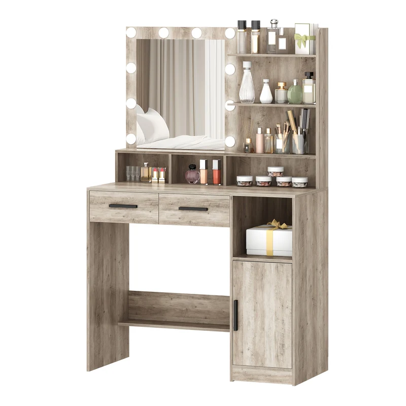 Makeuptafel – Kaptafel – Cosmeticatafel – Vanitafel – Spiegeltafel – Met 10 Verstelbare LED-Lampen – 90x40x140 cm – MDF & Spaanplaat