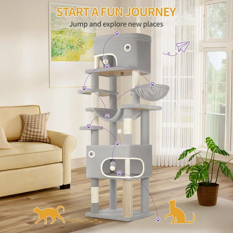 Krabpaal – Kattenboom – Kattenhuis – Kattentoren – Krabmeubel – 203 cm Hoog – 7 Krabpalen & 2 Ruime Holletjes – Donkergrijs