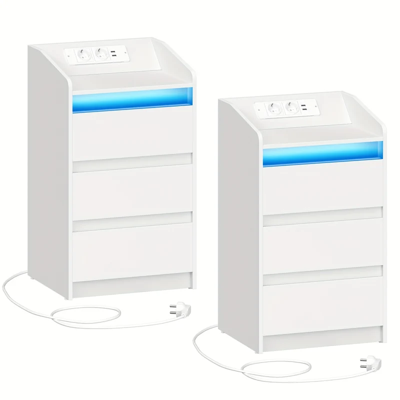 Nachtkastjes – Bedside Table – Nachtkastje Set – Opbergkastje – Bijzettafel – Met Oplaadstation en LED-verlichting – 2 AC Stopcontacten & 2 USB-poorten – Wit – 3 Lades – 35x40x68 cm