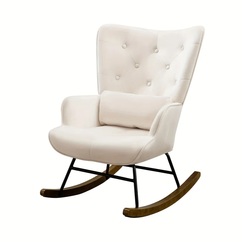 Schommelstoel – Relaxstoel – Fauteuil – Loungestoel – Schommelfauteuil – Scandinavisch Design – Fluwelen Bekleding – Met Metalen Frame en Houten Basis – Vintage Beige – Comfortabele Zitting